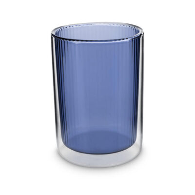 Ribbed Double Walled Glass Tumbler Short Blue