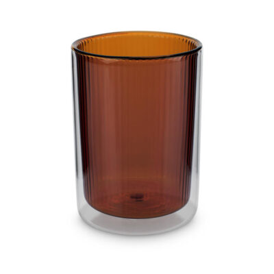 Ribbed Double Walled Glass Tumbler Short Amber